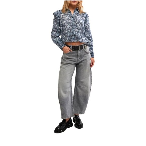 Free People Printed Daybreak Chambray Combo Blouse Floral Ruffled Cotton Small - Picture 3 of 14